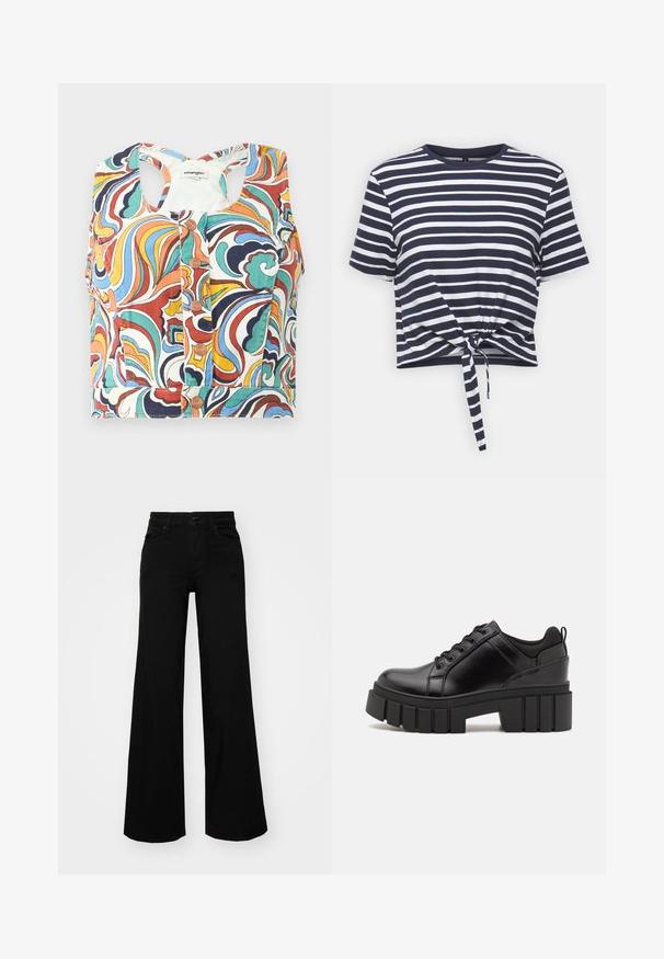 Krāsains apgrieztais tops ar vijīgu rakstu sarkanā, zilā, zaļā un dzeltenā krāsā, ar apļveida kakla izgriezumu un pogu aizdari.; Jūras spēku un baltu svītrainu īsu krekliņu ar īsām piedurknēm, apaļu dekoltē un priekšējo mezglu ap apakšmali. Mīksta kokvilnas auduma.; Melni plaša kāju bikses, izgatavotas no džinsa, ar strukturētu jostu, jostu cilpiņām un priekšējām kabatām. Gluda tekstūra ar klasisku dizainu.; Melnas ādas platformas kurpes ar masīvu bloku papēdi, apaļu purngalu un tradicionālu saistīšanas dizainu. Izceļas ar gludu tekstūru un minimālu apdari.