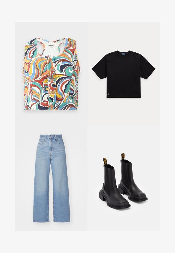 Kolorowy krótki top z wzorem w wiry w czerwonym, niebieskim, zielonym i żółtym kolorze, z okrągłym dekoltem i zapięciem na zatrzask.; Czarny bawełniany t-shirt z krótkim rękawem, okrągłym dekoltem i małym białym logo w lewym dolnym rogu. Klasyczny, prostokątny krój z minimalnymi detalami.; Jasnoniebieskie jeansy z wysokim stanem i szerokimi nogawkami, z zapięciem na guziki i zamek z przodu, przednie i tylne kieszenie, na białym tle.; Czarne botki za kostkę wykonane z gładkiej skóry, z elastycznymi bocznymi panelami, kwadratowym noskiem i grubym obcasem. Zawierają żółte uchwyty z logo.