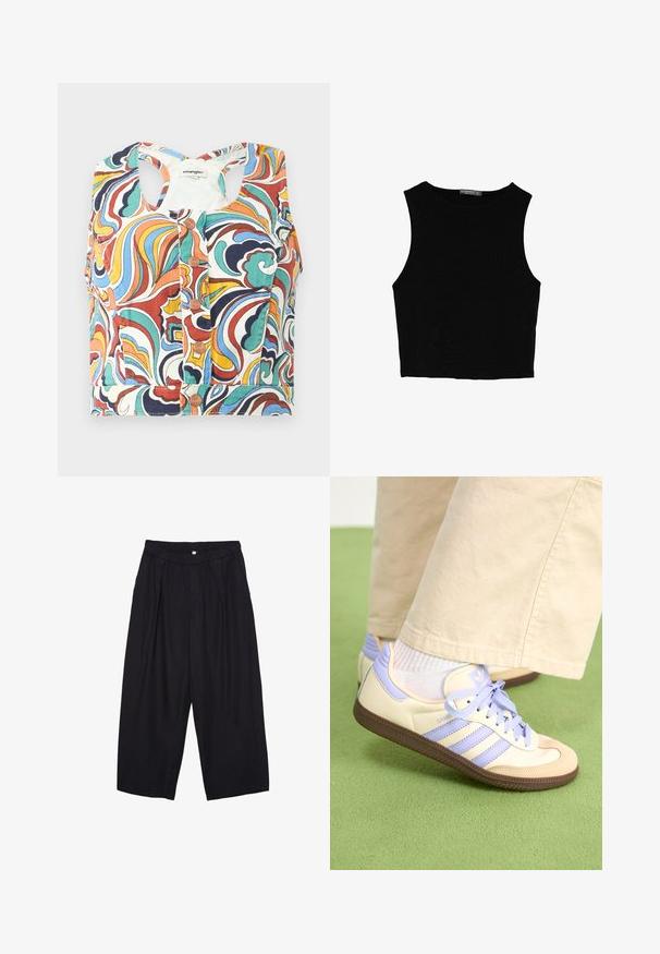 Barevný zkrácený top s vírovým vzorem v červené, modré, zelené a žluté barvě, s kulatým výstřihem a zapínáním na patentky.; Černý bezsleeve crop top vyrobený z hladké tkaniny, s kulatým výstřihem a čistým, jednoduchým designem bez vzorů nebo kovových doplňků.; Černé polyesterové culotte kalhoty s elastickým pasem, dvěma předními sklady a volným siluetou. Žádné viditelné vzory ani kovové detaily.; Krémové a levandulové tenisky se třemi pruhy a texturovanou hnědou podrážkou, vybavené tkaničkami a polstrovanou patou. Měkký textilní svršek.