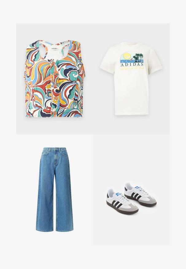 Top scurt colorat, cu un model spiralat în nuanțe de roșu, albastru, verde și galben, cu decolteu rotund și închidere cu capse.; T-shirt alb din bumbac cu un design grafic ce prezintă un soare, palmieri și apă. "ADIDAS Sports Club" imprimat în verde și galben.; Jeans cu picioare largi, fabricate din denim de culoare bleu deschis, având talie înaltă, două buzunare frontale, bucle pentru curea și un model texturat subtil.; Încălțăminte sport cu un superior din piele albă, vârf din suede gri și trei dungi negre. Prezintă un logo albastru pe limbă și o talpă din cauciuc texturat.