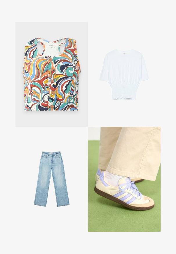 Bunt gemusterter Cropped-Top mit wirbelndem Muster in Rot, Blau, Grün und Gelb, rundem Ausschnitt und Druckknopfverschluss.; Weißes T-Shirt mit kurzen Ärmeln, lockerer Passform und gerafftem Stoff an der Taille. Aus weichem, leichtem Material gefertigt.; Helle blaue Denim-Jeans mit weitem Bein und hoher Taille, im lässigen Look mit einem ausgewaschenen Finish und kleinen, verstreuten Used-Effekten.; Cremefarbene und lavendelfarbene Sneakers mit drei Streifen und einer strukturierten braunen Sohle, ausgestattet mit Schnürsenkeln und einer gepolsterten Ferse. Obermaterial aus weichem Stoff.
