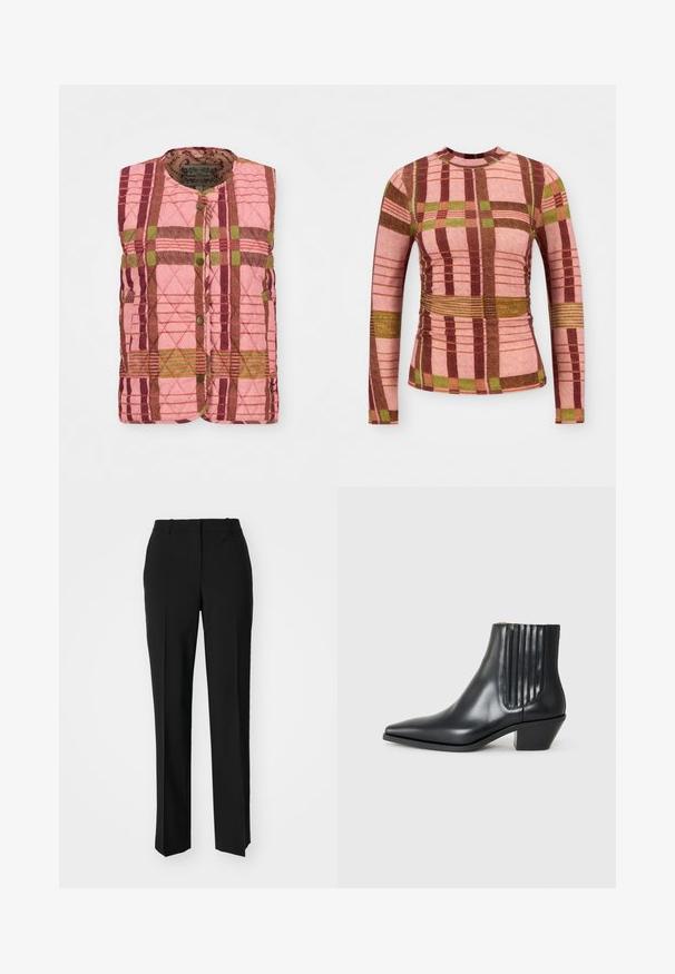 Colete acolchoado com um padrão xadrez em rosa, verde e bordô, com decote redondo e fecho frontal com botões. O tecido texturizado acrescenta detalhe.; Camisa de manga longa em padrão xadrez, apresentando cores rosa, castanho e verde, com tecido texturado e detalhes franzidos na cintura e nas mangas.; Calças pretas de corte ajustado com um design de perna reta, apresentando uma textura lisa e pregas bem definidas na frente. Sem hardware visível.; Bota de tornozelo em couro preto com bico fino, painéis laterais elásticos com sulcos verticais e um salto baixo em bloco. Textura suave e design elegante.