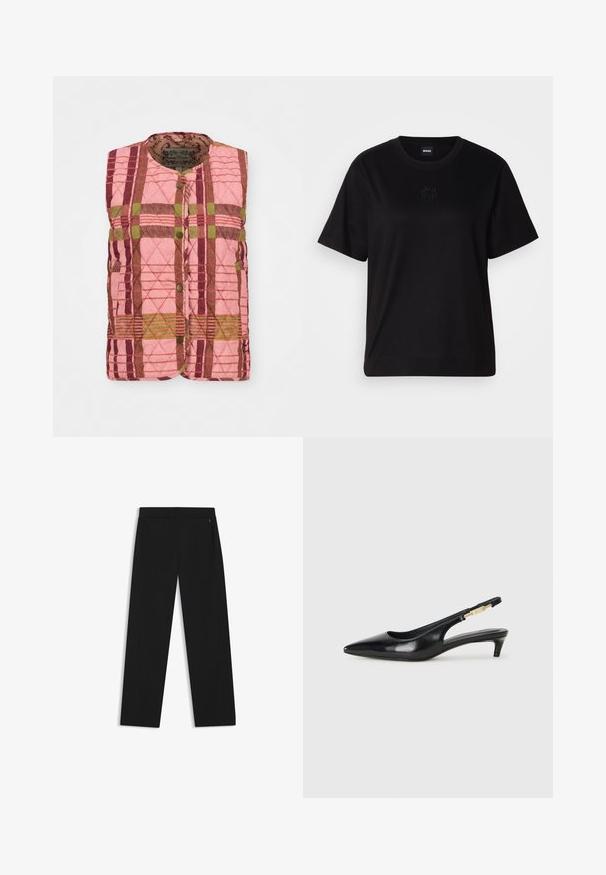 Quilted vest featuring a pink, green, and maroon plaid pattern, with a round neckline and front button closure. Textured fabric adds detail.; Black cotton t-shirt with a crew neckline, short sleeves, and an embroidered logo on the chest. Simple, relaxed fit with no patterns.; Black wide-leg trousers made of smooth fabric, featuring side pockets and a flat front waistband for a streamlined look.; Black leather slingback heels with a pointed toe, featuring a slim heel and a gold-tone accent on the adjustable strap. Smooth texture.