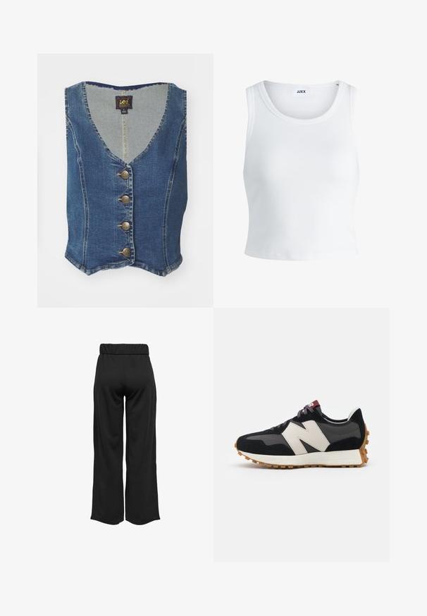 Lee FITTED VEST - Veste - meteoric; Balts ribots topiņš ar apaļu kakla izgriezumu, bez piedurknēm un īsā garumā. Uz birkas ir rakstīts "JJXX." Gluda auduma tekstūra.; Melnas, platas bikses ar elastīgu jostu, izgatavotas no gludas auduma. Iespējamā tīra dizaina ar bez kabatām un redzamām šuvēm.; Melnas un pelēkas zamšādas sporta kurpes ar lielu krēmkrāsas "N" logotipu, purpura šņorēm un strukturētu gumijas zoli.