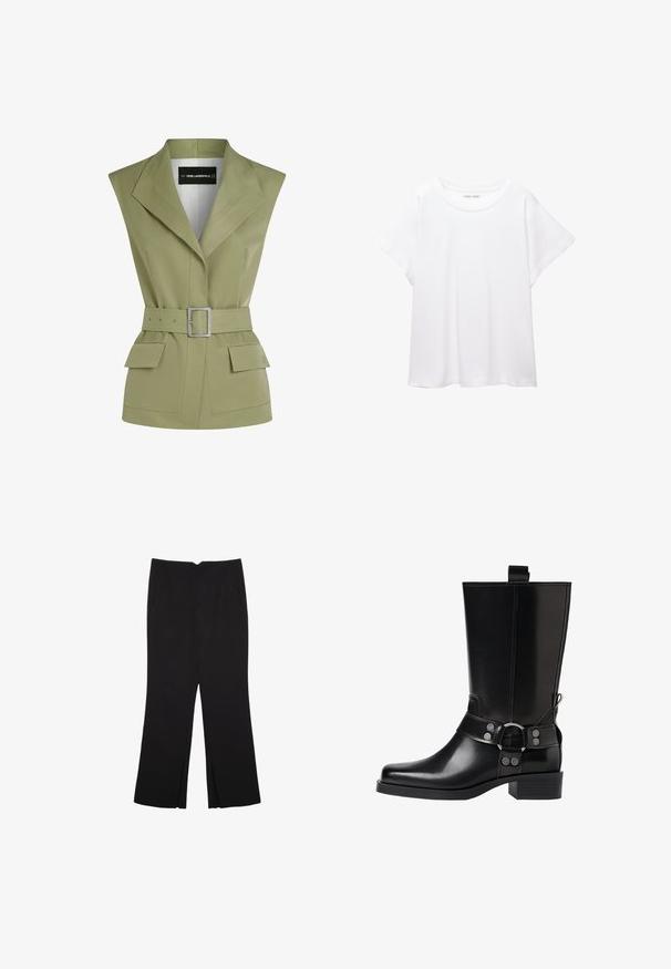 Olivno zelena prsluk z pasom in ostrim ovratnikom, ki ima dve sprednji žep in strukturirano obliko, izdelana iz gladkega materiala.; Bela majica s kratkimi rukavi, izdelana iz mehkega in lahkega blaga. Ima okroglo ovratnico ter kratke, široke rokave z udobnim krojem. Brez vidnih vzorcev.; Črne hlače ravnega kroja z naglavnimi žepi in stranskimi razporki na robu. Narejene iz mehke, gladke tkanine. Primerne za različne priložnosti.; Črne usnjene škornje do kolen s koničastim nosom, srebrnimi zaponkami in debelim peto. Imajo zanko za enostavno obuvanje.
