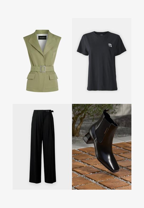 Oliwkowa kamizelka z paskiem i wyraźnym kołnierzem, z dwiema przednimi kieszeniami i dopasowanym kształtem, wykonana z gładkiego materiału.; Czarna bawełniana koszulka z krótkim rękawem i okrągłym dekoltem. Posiada mały, biały nadruk na piersi. Gładka faktura, luźny krój.; Czarne spodnie szerokie w nogawkach z wysokim stanem, z plisami z przodu oraz paskiem z klamrą. Wykonane z gładkiego, lekkiego materiału.; Błyszczący czarny skórzany botek za kostkę z blokowym obcasem, elastycznymi bokami oraz uchwytem, uniesiony nad drewnianą płytką i żwirowym podłożem na zewnątrz.