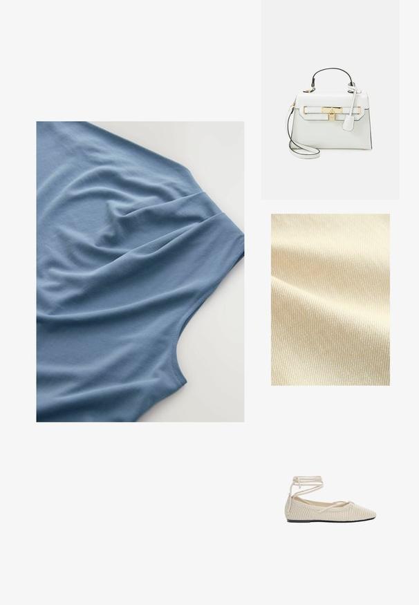 Next Brezrokavnik - natural; Modra majica prikazana zgoraj, ki ima mehak material z gladko teksturo, padajoče gube in zaobljen izrez.; Bež pleteni baletni čevelj z ostrim nosom, ravnim podplatom in okolišnjimi vezalkami. Tekstura je odprto pletena, z gladkim notranjim oblogo.; Bela torbica z krokodiljim vzorcem, zlatimi dodatki, zgornjim ročajem in snemljivo naramnico; vključuje zaklep, preprost dizajn.