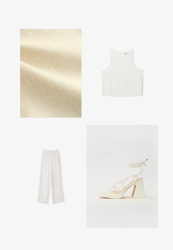 Next Vesta - natural; Biele bezrukávové tričko s okrúhlym výstrihom, ktoré má jemnú textúru, detail s kľúčovou dierkou na chrbte a rovný lem.; Biele široké nohavice vyrobené z ľahkej tkaniny. Obsahujú elastický pás so sťahovacou šnúrkou a bočné vrecká. Hladká textúra.; Biele sandále na vysokom opätku s hrubým podpätkom, s pruhovaným dizajnom a viazaním na členku. Hladký povrch s platformou vpredu pre zvýšenú výšku.
