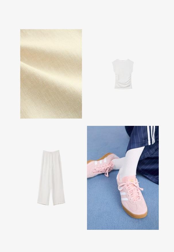 Next Brezrokavnik - natural; Bela kratka majica s kratkimi rokavi in okroglim izrezom. Ima nabran teksturo ob straneh in prilegajočo silhueto, izdelana iz mehke, raztegljive tkanine.; Bele široke hlače iz lahkega materiala. Imajo elastičen pas s vrvico in stranske žepe. Gladka tekstura.; Svetlo roza antilopni športni copati z belimi črtami in vezalkami, z teksturirano jezičko in gumo podplatom, postavljeni na modrem tepihu.