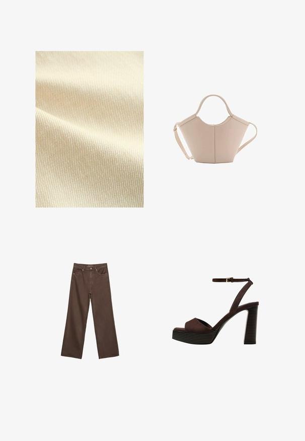 Next Brezrokavnik - natural; Rjava kratka majica s kratkimi rokavi iz mehkega materiala, s krožnim izrezom in ohlapnim krojem. Brez vidnih vzorcev ali dodatkov.; Široke rjave kavbojke iz denima, ki imajo visok pas, sprednje žepe in klasično zapiranje na gumb. Gladka tekstura s subtilnim šivom.; Rjave semiš sandale z visoko peto, odprto spredaj, z nastavljivim gležnjenjem in črtastim podplatom.; Bežna usnjena torbica edinstvene oblike, z dvema kratkima ročajema in dolgim nastavljivim trakom. Gladka tekstura z minimalno kovinsko opremo.