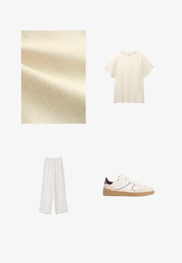 Next Liivi - natural; Vaaleanbeige lyhythihainen t-paita, jossa on pyöreä kaula-aukko, valmistettu pehmeästä ja sileästä kankaasta. Ominaisuuksina rento mitta ja suora helma.; Valkoiset leveälahkeiset housut kevyestä kankaasta. Ominaisuuksiin kuuluu elastinen vyötärö, jossa on nauhakuuluma ja sivutaskut. Sileä rakenne.; Stradivarius Matalavartiset tennarit - white