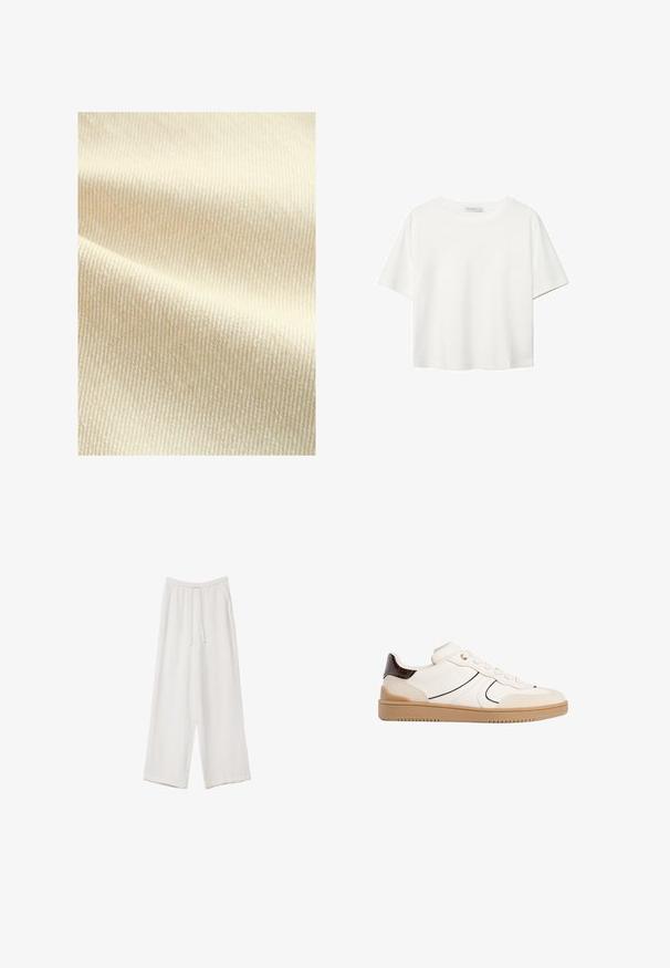 Next Vest - natural; Hvid kortærmet t-shirt lavet af bomuld. Har en rund halsudskæring og en afslappet pasform. Glat tekstur uden synlige mønstre eller detaljer.; Hvide bukser med bred benlængde lavet af et letvægtsstof. Har et elastisk talje med snor og sidelommer. Glat tekstur.; Stradivarius Sneakers - white