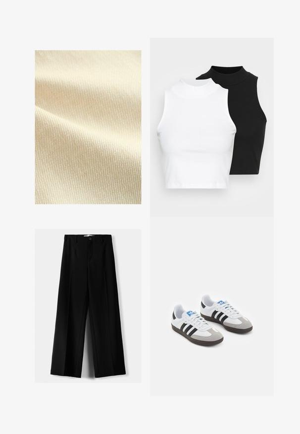 Next Vest - natural; To kjoleløse ribbede turtleneck-toppe i sort og hvid, med en tætsiddende design og glat tekstur, samt cropped længde.; Sorte brede bukser lavet af letvægtsstof, med frontknaplukning og glat front, samt pænt syede kanter.; Sportsko med en overdel i hvid læder, grå ruskind på tåen og tre sorte striber. Har et blåt logo på tungen og en struktureret gummisål.