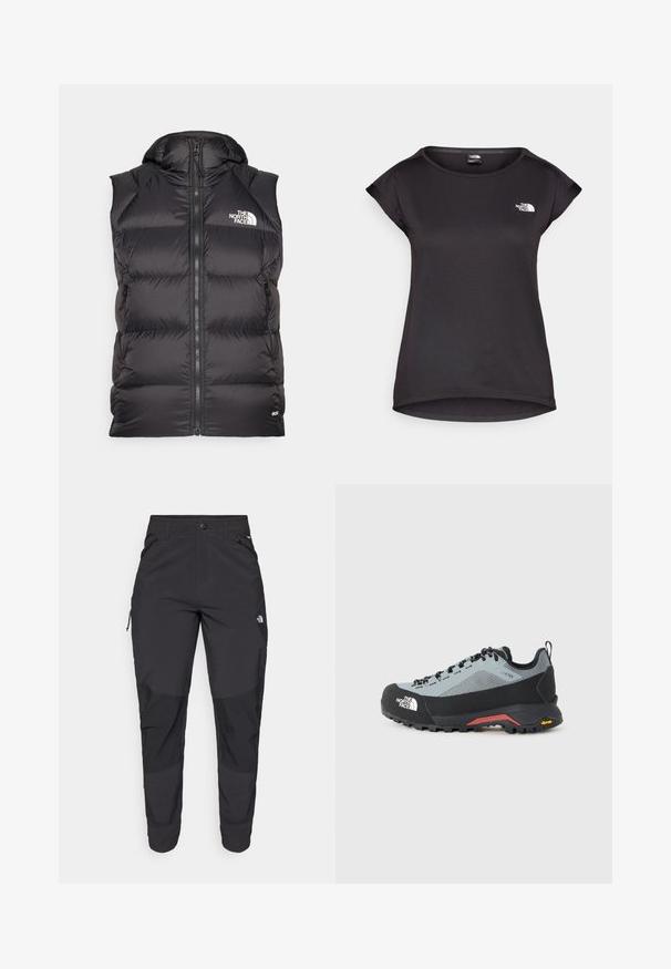 Svart polstret vest med hette, glidelås foran og sidelommer. Har logo på brystet og strukturelt materiale med en glatt overflate.; The North Face TANKEN TANK - T-skjorte til trening - black; Svart utendørsbukser laget av slitesterkt stoff. Har glidelåslommer, forsterkede knær og en rett skjæring for bevegelighet.; Grå og svart tur-sko med Gore-Tex overdel, forsterket tåhette og Vibram såle, med svarte snører og en løfteklaff ved hælen.