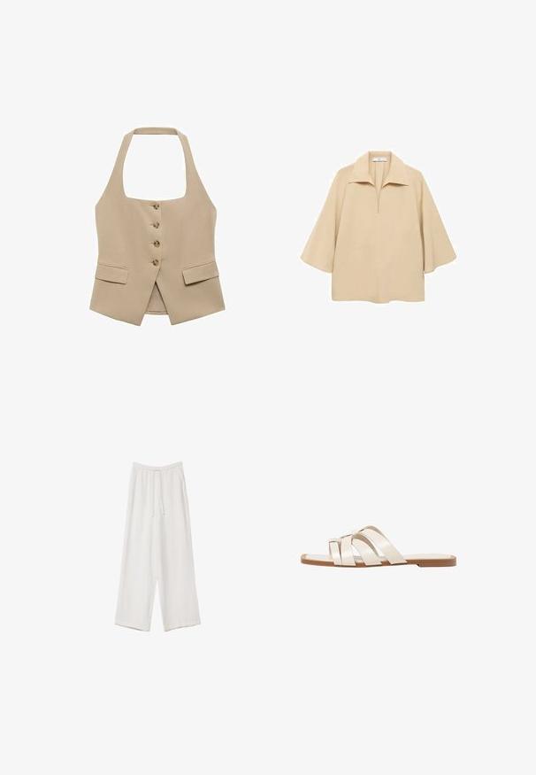 Bež majica s halter vratom, povezanega ožjega kroja, z zapiranjem na pet gumbov in dvema sprednjima žepoma. Narejena iz gladkega materiala z čistim zaključkom.; Bežna bluzica iz lahkega materiala, z širokim ovratnikom, polnim zatičem in rokavi do komolcev ter ohlapnim krojem.; Bele široke hlače iz lahkega materiala. Imajo elastičen pas s vrvico in stranske žepe. Gladka tekstura.; Ravne sandale s svetlo rjavim gumijastim podplatom, zasnovane s tremi prekrivajočimi se belimi usnjenimi trakovi in majhnim lokom na sredini.