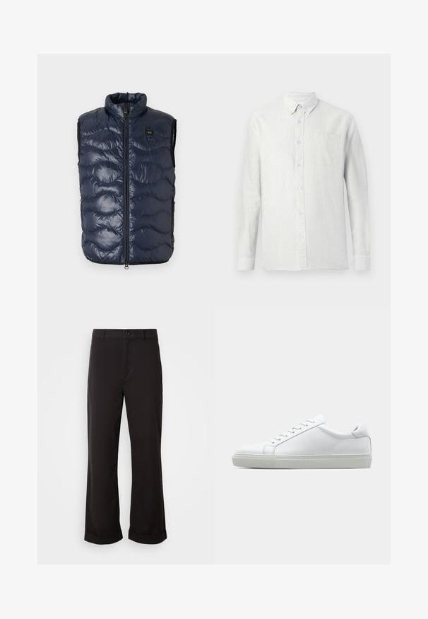 Marineblå polstret vest med høy krage, glidelås, bølget quiltet mønster og sidelommer. Laget av blankt, lett materiale.; Lysfarget, langermet skjorte med vertikale striper, knappekrage og brystlomme. Stoffet ser teksturert ut med en myk overflate.; Sorte bukser med rett passform, laget av lett stoff. Har klassisk knappelukking og rullet mansjett ved sømmen.; Hvit sneakers med en glatt skinnoverdel og lav profil. Har en rund tå, seks snøring hull, og en teksturert gummisåle.
