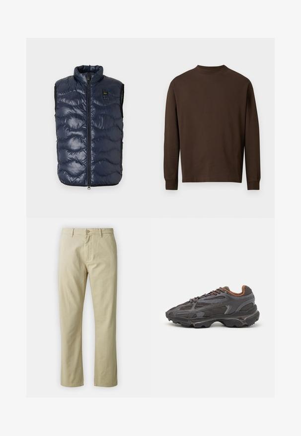 Navy blue padded vest with high collar, zip closure, wavy quilted pattern, and side pockets. Made from glossy, lightweight material.; Ruskea pitkähihaisen paita, joka on valmistettu pehmeästä kankaasta. Paidassa on pyöreä kaula-aukko ja suora leikkaus ilman näkyviä kuvioita tai varusteita.; Beige puuvillahousut suoran lahkeen muotoilulla, etupainike sulkeminen ja vyölenkit. Sileä pinta, ei näkyviä kuvioita tai yksityiskohtia.; Lacoste-tennar i mörkgrått med nät- och syntetmaterial, med en texturerad sula och bruna accenter på kragen och märket.