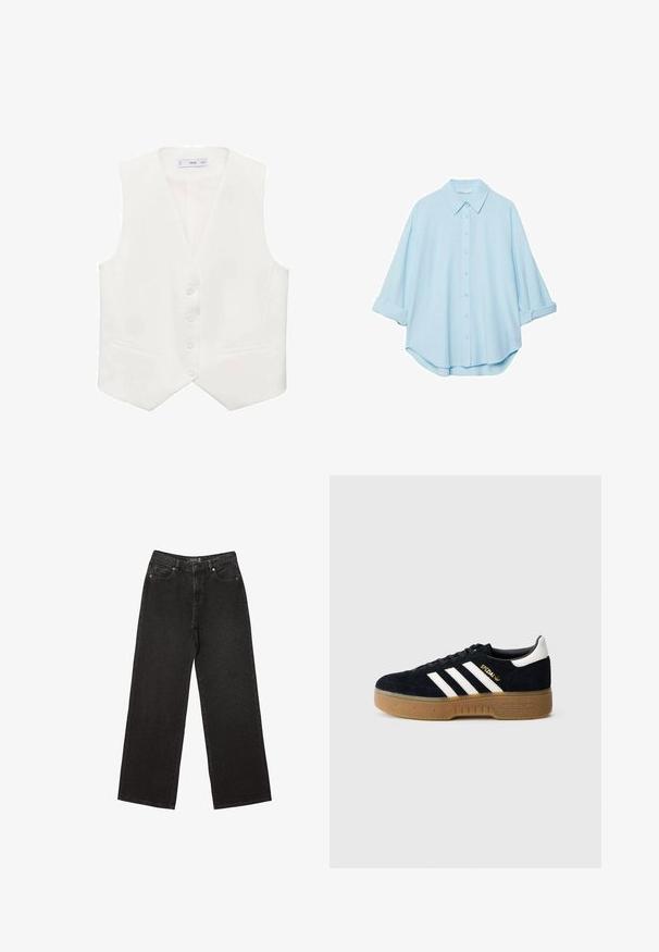 Hvid ærmeløs vest lavet af glat stof, med en klassisk V-hals, fem knapper og to sidelommer. Enkelt skræddersyet design.; Lyseblå skjorte lavet af et blødt stof, med en klassisk krave, knaplukning foran og opsmøgede ærmer for en afslappet pasform.; Sorte brede jeans lavet af denim, med små prikkede mønstre, klassisk fem-lomme design og en knap- og lynlåslukning.; Sort ruskindssneaker med hvide tre striber og guldfarvet logo. Sål i gummi med tekstureret greb. Klassisk lavtop-design med rundet tå.