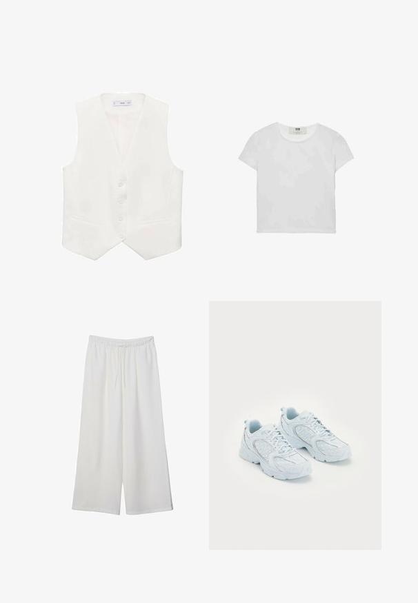 Biała bezrękawnik z gładkiego materiału, z klasycznym dekoltem w kształcie litery V, pięcioma guzikami i dwiema bocznymi kieszeniami. Prosty, dopasowany krój.; Biała koszulka z krótkim rękawem i okrągłym dekoltem, wykonana z miękkiej bawełny, charakteryzująca się prostym, czystym wzorem bez widocznych zdobień ani akcentów.; Białe szerokie spodnie wykonane z lekkiego materiału, z elastyczną talią i sznurkiem do regulacji fasonu. Gładka tekstura.; Jasnoniebieskie buty sportowe z siateczkową i syntetyczną cholewką, ozdobione białymi kropkami i odblaskowymi akcentami, z zapięciem na sznurowadła oraz amortyzującą podeszwą.