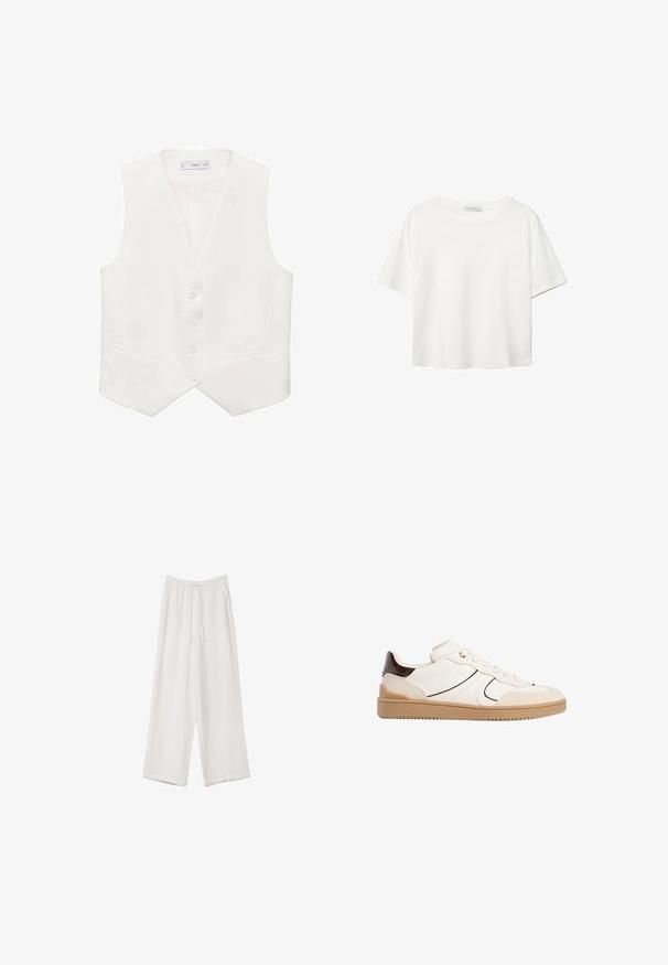 Bijela bezrukavna prsluk izrađen od glatke tkanine, s klasičnim V-izrezom, pet dugmadi i dva bočna džepa. Jednostavan kroj.; Bijela majica kratkih rukava od pamuka. Ima okrugli izrez i opušteni kroj. Glatka tekstura bez vidljivih uzoraka ili naglasaka.; Bijele hlače širokih nogavica napravljene od lagane tkanine. Imaju elastičan pojas s ušicom i bočne džepove. Glatka tekstura.; Stradivarius Tenisice - white
