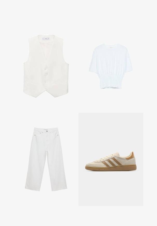 Witte mouwloze vest gemaakt van een gladde stof, met een klassieke V-hals, vijf knopen en twee zijzakken. Eenvoudig, op maat gemaakt ontwerp.; Witte T-shirt met korte mouwen in een relaxte pasvorm en gerimpelde textuur bij de taille. Gemaakt van zachte, lichtgewicht stof.; Witte wijde jeans van denim met een hoge taille, voorzien van vijf zakken en metalen hardwareaccenten. Gladde textuur, geen zichtbare patronen.; Beige suède sneakers met lichtbruine accenten. Voorzien van drie bruine stripes, een textuur rubberen zool en een afgeronde neus.