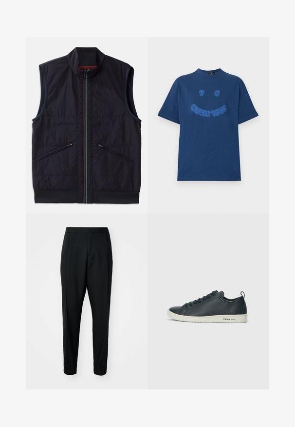 Ujjatlan sötét navy mellény, álló gallérral, több színű cipzárral, és két ferde cipzáras zsebbel, bordázott szegéllyel. Texturált anyagú kivitel.; Sötétkék pamut póló kerek nyakkivágással. Elöl kék hímzett grafikus szöveggel és mosolygós arc mintával rendelkezik. Rövid ujjú.; Fekete, tapered szabású nadrág sima textúrával, rugalmas derékkal és szegéllyel. Elöl redők találhatók a sportos megjelenés érdekében.; Sötét tengerészkék bőr sportcipő sima felülettel, lekerekített orral, hat fűzőlyukkal és kontrasztos fehér gumitalppal. Oldalán márkajelzéssel rendelkezik.