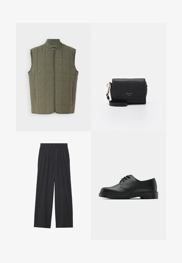 Olivgrüner, gesteppten Weste mit Reißverschluss vorne, hohem Kragen und ohne Ärmel. Hat eine strukturierte Oberfläche mit rechteckigen Mustern.; Weißes Baumwoll-T-Shirt mit kurzen Ärmeln, Rundhalsausschnitt und dezentem Levi's-Logo in der Mitte. Weicher Stoff und normale Passform.; Weit geschnittene Hosen aus dunkelgrauem Stoff. Merkmale sind Falten an der Taille, ein maßgeschneiderter Schnitt und eine gerade Silhouette.; Schwarze Leder-Oxford-Schuhe mit Schnürdesign, runder Zehenform, flacher Gummisohle und subtilen Nähten entlang des oberen Teils.; Schwarze Leder-Crossbody-Tasche mit strukturierter Oberfläche, goldenen Beschlägen, einem Klappenverschluss und einem verstellbaren Schulterriemen. Mit einem Logo auf der Vorderseite.