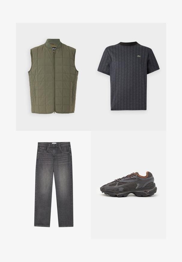 Colete acolchoado verde oliva com fecho éclair frontal, gola alta e sem mangas. Apresenta uma superfície texturizada com padrões retangulares.; T-shirt preta de mangas curtas com um padrão geométrico e um logótipo de crocodilo verde, com um gola redonda preta sólida.; Jeans de denim cinza escuro com corte reto, apresentando cinco bolsos, fecho frontal com botão e um esmaecimento subtil em toda a peça.; Ténis Lacoste em cinza-escuro com material em malha e sintético, apresentando uma sola texturizada e detalhes castanhos na gola e na marca.