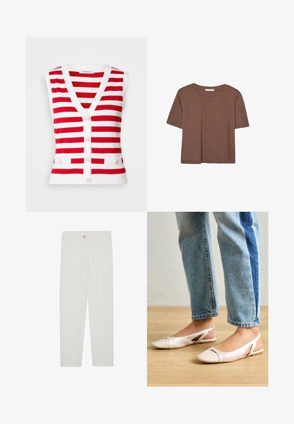 Rot-weißer gestreifter ärmelloser Weste mit V-Ausschnitt, fünf Knöpfen auf der Vorderseite und zwei dekorativen Taschen an der Taille.; Braunes, kurzärmliges T-Shirt aus weichem Material mit rundem Halsausschnitt und lockerer Passform. Keine sichtbaren Muster oder Akzente.; Weisse, maßgeschneiderte Hosen mit geradem Bein, die über einen Knopfverschluss, Gürtelschlaufen und Seitentaschen verfügen; glatte Stoffoberfläche.; Blassrosa Slingback-Ballerinas mit spitzem Punkt, aus einem glatten, lederähnlichen Material. Mit Ausschnitten an den Seiten und einem flachen Absatz.