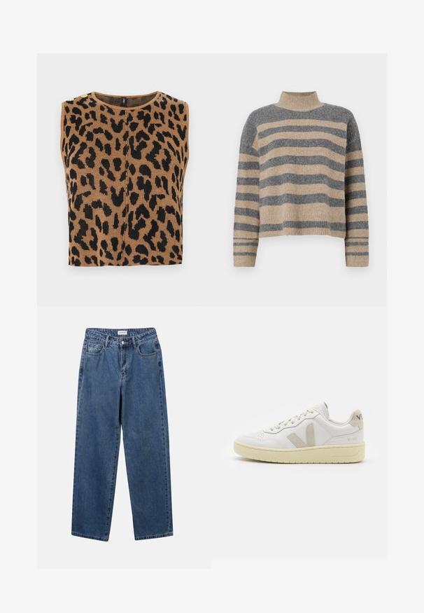 Ruskea hihaton toppi, jossa on musta leopardi-kuvio, ribbitekstuuri ja kultaiset napit olkapäällä.; Raidallisen neulepaidan harmaan ja beigen sävyiset värit, korkea kaulus, leveät hihansuut ja rento istuvuus lyhyellä leikkauksella.; Classiset siniset farkut suoran lahkeen muotoilulla, viidellä taskulla ja napillakaan. Ominaisuudet: keskivahva pesu ja kestävä rakenne.; Valkoiset nahkakengät, joissa on vaaleanruskeat pigmenttisuojat, rei'itetty kärki, litteät nauhat ja teksturoitu kermaisa pohja. Takana on huomaamaton brändäys.