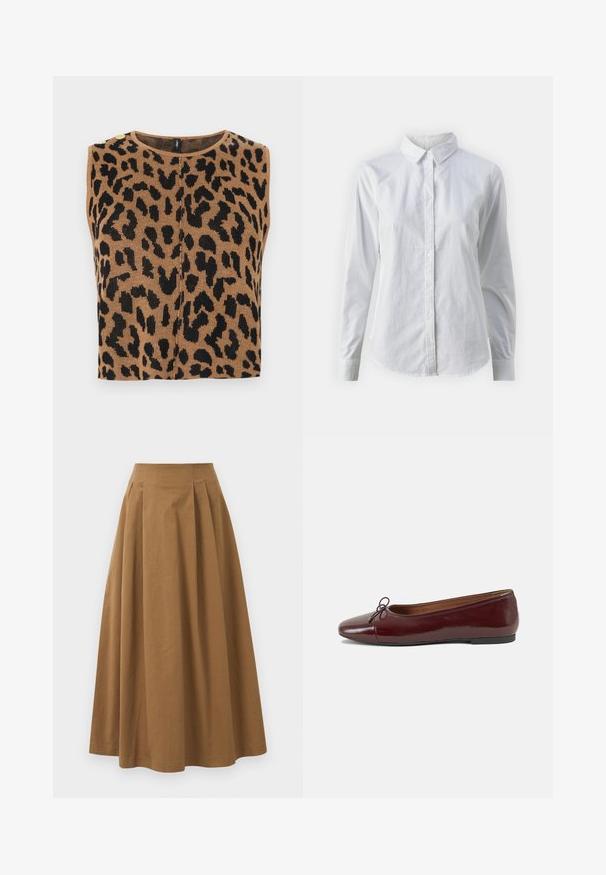 Brauner ärmelloser Oberteil mit einem schwarzen Leopardenmuster, gerippter Textur und goldenen Knopfakzenten an der Schulter.; Weißes Hemd mit Knöpfen, aus glattem Baumwollstoff, mit klassischem Kragen, langen Ärmeln und abgerundetem Saum. Die Knöpfe sind klein und weiß.; Brauner Baumwoll-A-Linien-Rock mit hoher Taille, der vorne Falten aufweist und eine glatte Textur hat. Der Saum ist sauber und einfach verarbeitet.; Burgunderfarbenes, lackiertes Ballettschuh mit abgerundetem Zehenbereich, kleiner Schleifenakzent vorne und einer niedrigen, schwarzen Gummisohle. Glatte Textur.