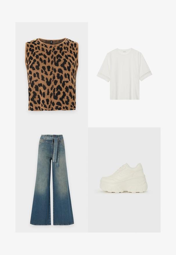 Brown sleeveless top featuring a black leopard print pattern, ribbed texture, and gold button accents on the shoulder.; White short-sleeve t-shirt made from cotton, featuring decorative lace trim along the sleeves and a round neckline.; Wide-leg denim trousers featuring a light to dark blue gradient, high waist, belt loops, and a matching fabric belt. Textured denim finish.; White platform sneakers featuring a smooth leather-like upper, rounded shape, padded collar, and textured rubber sole with defined treads.