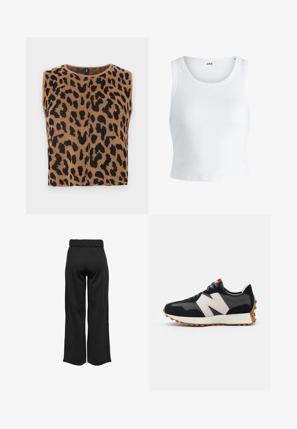 Brązowy top bez rękawów z czarnym wzorem w panterkę, prążkowaną strukturą i złotymi guzikami na ramieniu.; Biały prążkowany top na ramiączkach z okrągłym dekoltem, bez rękawów i skróconej długości. Metka z napisem "JJXX." Gładka faktura materiału.; Czarne, szerokie spodnie z elastycznym pasem, wykonane z gładkiego materiału. Charakteryzują się prostym wzornictwem, bez kieszeni i widocznych szwów.; Czarno-szare zamszowe sneakersy z dużym kremowym logo "N", purpurowymi sznurówkami i teksturowaną gumową podeszwą.