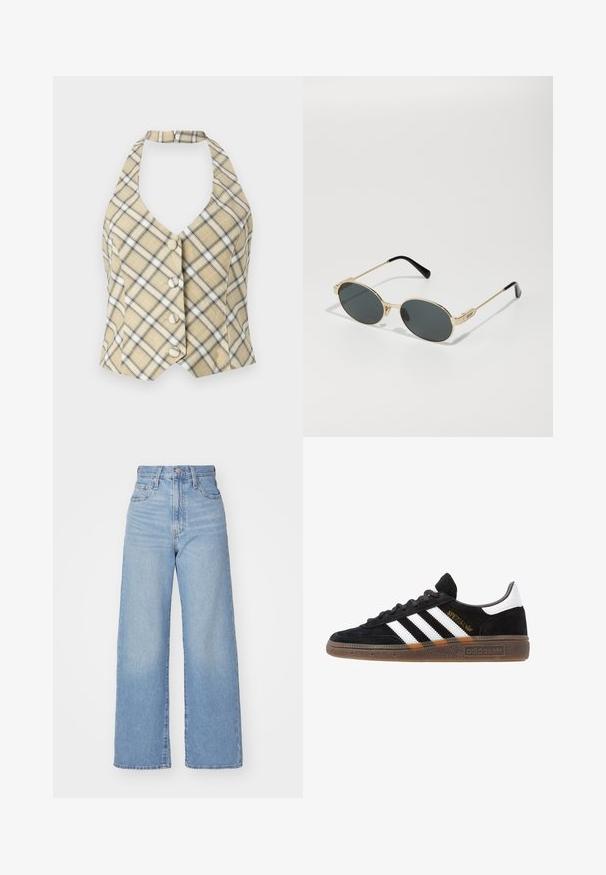 Rutete halterneck-topp i beige med svarte og hvite detaljer, med dyp V-hals og fem frontknapper. Stoffet har en glatt tekstur.; Hollister Co. SLIM SHIRTING - Skjortebluse - white; Lys blå høytlivs vide jeans med knapp- og glidelås lukking foran, foran og bak lommer, på en hvit bakgrunn.; Sorte Adidas sneakers med hvite striper, gull "Spezial" tekst, gummisåle og hvit hælklaff, vist fra profil.; Gullmetall solbriller med ovale linser og mørkt tonede linser. Sorte acetatspidser på armene. Merket "QUAY" på siden.