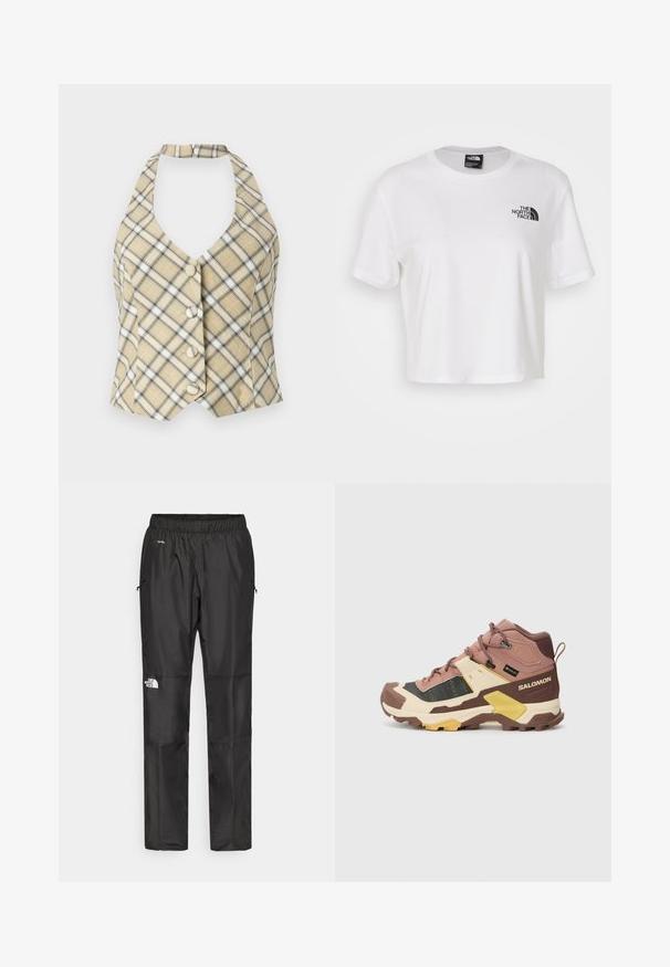 Top halter xadrez em bege com detalhes em preto e branco, apresentando um decote V profundo e cinco botões frontais. O tecido tem uma textura suave.; T-shirt cropped branca feita de algodão com gola redonda e mangas curtas. Apresenta um logótipo preto no lado esquerdo do peito.; Calças pretas à prova d'água feitas de um tecido leve, com cintura elástica, bolsos laterais e um logótipo na perna esquerda.; Shoe de alta cano para exterior nas cores rosa, preto e bege. Apresenta um upper texturizado, biqueira reforçada, e uma sola robusta com cravos profundos para melhor tração.