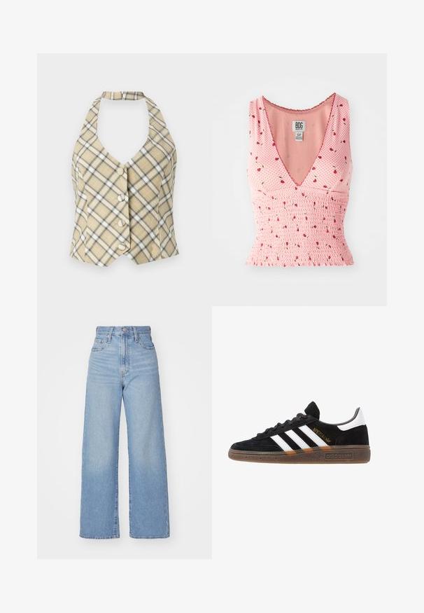 Top halter cu carouri în nuanță bej, cu accente negre și albe, având un decolteu adânc în V și cinci butoane în față. Materialul are o textură netedă.; Top roz fără mâneci, cu decolteu în V, având detalii cu smocuri și un imprimeu floral. Flori roșii mici sunt împrăștiate pe un fond cu buline.; Jeans cu talie înaltă, de culoare albastru deschis, cu croială largă, dotate cu nasture și fermoar la față, buzunare în față și spate, pe un fundal alb.; Sneaker Adidas negre cu dungi albe, text aurit "Spezial", talpă din cauciuc și tab de călcare alb, prezentat din vedere laterală.