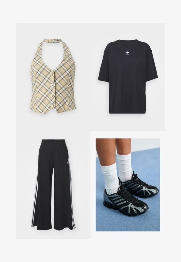 Top halter cu carouri în nuanță bej, cu accente negre și albe, având un decolteu adânc în V și cinci butoane în față. Materialul are o textură netedă.; Tricou din bumbac negru cu mâneci scurte, gât rotund, prezentând un logo Adidas alb pe piept. Design simplu, croi lejer.; Pantaloni de trening negri cu croială largă, prevăzuți cu un brâu elastic, având dungi laterale albe și un logo brodat pe coapsa stângă.; Pantofi sport negri cu accente gri și panouri din plasă, având o talpă texturată și șireturi negre, asortați cu șosete albe cu dungi.