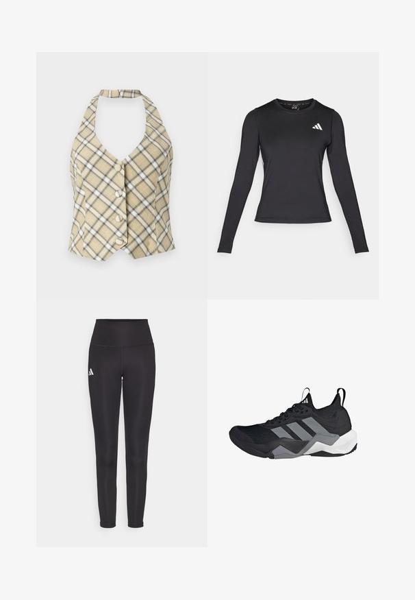 Beige színű, fekete és fehér részletekkel díszített kockás pántos felső, mély V-nyakkal és öt elülső gombbal. Az anyag sima tapintású.; Fekete, hosszú ujjú sportpóló, sima, rugalmas anyagból készült. A mellkasán fehér logó található. Testhezálló kialakítás, kerek nyakkivágással.; Fekete, magas derekú leggings rugalmas anyagból. Bal oldalon fehér logóval és sima, varrás nélküli dizájnnal rendelkezik. Sima tapintású.; Fekete sportcipő, lélegző hálós felsőrésszel, szürke kiegészítőkkel, texturált talppal és három jellegzetes csíkkal az oldalon.