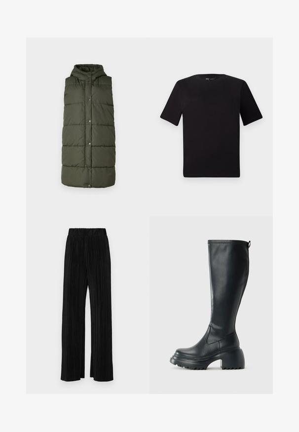 Colete longo e acolchoado em verde oliva escuro com capuz. Apresenta um design matelassé e botões de pressão na frente. Textura macia para aquecer.; T-shirt preta de mangas curtas com decote redondo, feita de tecido de algodão suave. Design simples, sem logótipos ou padrões visíveis.; Calças pregueadas pretas com uma cintura elástica. Apresentam pernas largas e um tecido liso, texturizado com riscas verticais.; Bota preta de couro alta com sola de plataforma robusta e salto bloco, apresentando puxador e padrão texturizado na sola.