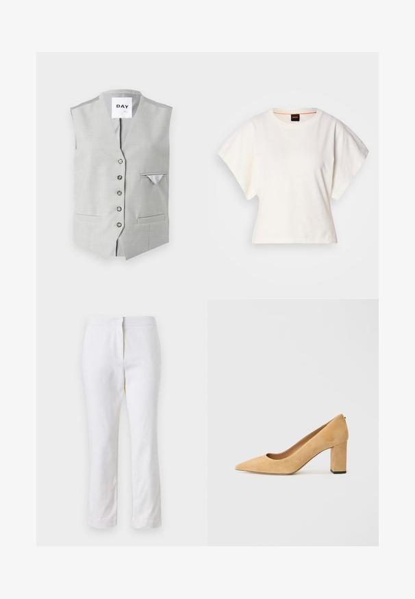 Vesta gri fără mâneci, realizată dintr-un material neted. Dispune de șase butoane pentru închidere, două buzunare frontale și un buzunar mic pentru piept cu un căptușal contrastant.; Tricou alb scurt, cu mâneci scurte și largi, din bumbac moale, cu decolteu rotund și un finisaj subtil portocaliu, design minimalist, fără modele sau grafice.; Pantaloni din bumbac alb, cu un design drept, având talie medie și fără hardware sau modele vizibile. Textură uniformă pe întreaga suprafață.; Pantofii cu toc înalt din suede bej au vârful ascuțit și un toc gros. Materialul are o textură moale și o finisare netedă.