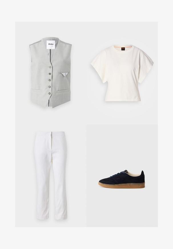 Siv prileg blazek iz gladkega materiala. Ima šest gumbov, dva sprednja žepa in majhen žep na prsih s kontrastnim podlogom.; Bela skrajšana majica s kratkimi širokimi rokavi, mehka bombažna tkanina, okrogla ovratnica z diskretnim oranžnim robom, minimalističen dizajn, brez vzorcev ali grafike.; Beli bombažne hlače s ravnim krojem, srednje visoko pasom, brez vidnih kovinskih elementov ali vzorcev. Gladka textura po vsej površini.; Temno modni semiš športni copat z gumijastim podplatom, modrimi vezalkami in minimalističnim dizajnom. Na strani je vrezan logotip in notranjost je gladka.