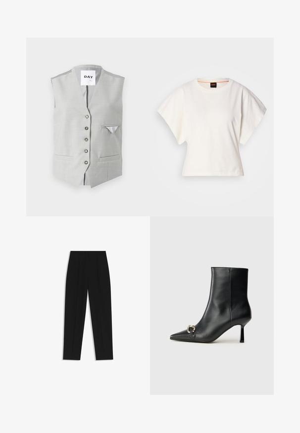 Szary bezrękawnik wykonany z gładkiego materiału. Posiada sześć zapięć na guziki, dwie przednie kieszenie oraz mała kieszeń na piersi z kontrastującą podszewką.; Biała, krótka koszulka z szerokimi rękawami, wykonana z miękkiej bawełny, okrągły dekolt z delikatnym pomarańczowym wykończeniem, minimalistyczny design, bez wzorów i grafik.; Czarne spodnie o prostym kroju, z podwójnymi zakładkami, gładką teksturą i klasycznym krojem w talii. Bez widocznych elementów metalowych ani akcentów.; Czarny skórzany botek za kostkę z szpiczastym noskiem, smukłym średnim obcasem i srebrnym zapięciem po boku na jednolitym tle.