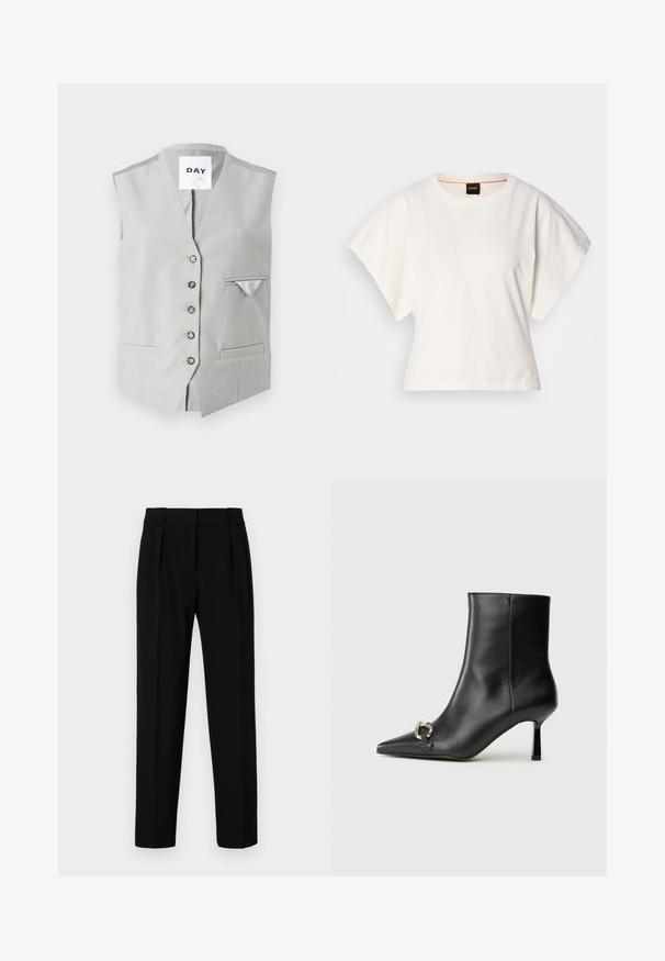 Grau ärmellose Weste aus glattem Material. Verfügt über sechs Knopfverschlüsse, zwei Fronttaschen und eine kleine Brusttasche mit kontrastierendem Futter.; Weißes, kurzes T-Shirt, kurze weite Ärmel, weicher Baumwollstoff, runder Ausschnitt mit subtilen orangefarbenen Akzenten, minimales Design, keine Muster oder Grafiken.; Schwarze, maßgeschneiderte Hose mit geradem Schnitt, gefaltetem vorderen Teil, glänzender Oberfläche und mittelhohem Bund. Keine sichtbaren Taschen oder Hardware-Details.; Schwarze Leder-Stiefelette mit spitzer Zehe, schlankem, mittelhohem Absatz und silberner Schnalle seitlich vor einem schlichten Hintergrund.