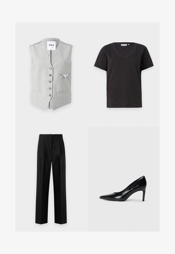 Hallharjaseta ilma varrukat, mis on valmistatud sujuvast kangast. Koos kuue nööbiga kinnitustega, kahe eesmise taskuga ja väikese rinna taskuga, millel on kontrastne vooder.; Must musta T-särk V-kaelusega ja lühikeste varrukatega. Lihtne disain, regulaarne istuvus, ilma mustrite ja aktsentideta.; Mustad mustadest kangast püksid, millel on vooderdatud disain, voldid, sirge jalg ja lame esiosa. Vastupidav ja sile tekstuur.; Mustmust musta kõrge kontsaga king, millel on terav varvas, sile tekstuur ja kitsenev konts. Minimalistlik disain, ilma täiendavate kaunistusteta.