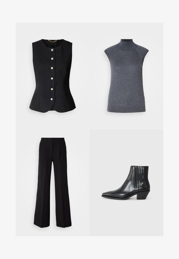 Schwarze ärmellose Weste mit rundem Ausschnitt, ausgestattet mit sechs runden, perlenähnlichen Knöpfen auf der Vorderseite und einem taillierten, figurbetonten Schnitt.; Graues ärmelloses Rollkragenoberteil, körpernahe Passform, gerippte Textur, glattes Material, mit hochgeschlossenem Kragen und stilvollen Schulter-Ausschnitten.; Schwarze Hose aus glattem Stoff, mit hohem Bund, weitem Schnitt und zwei vorderen Falten für zusätzlichen Designakzent.; Schwarze Leder-Ankle-Boots mit spitzem Zehenbereich, seitlichen elastischen Einsätzen mit vertikalen Rillen und einem niedrigen Blockabsatz. Glatte Textur und elegantes Design.