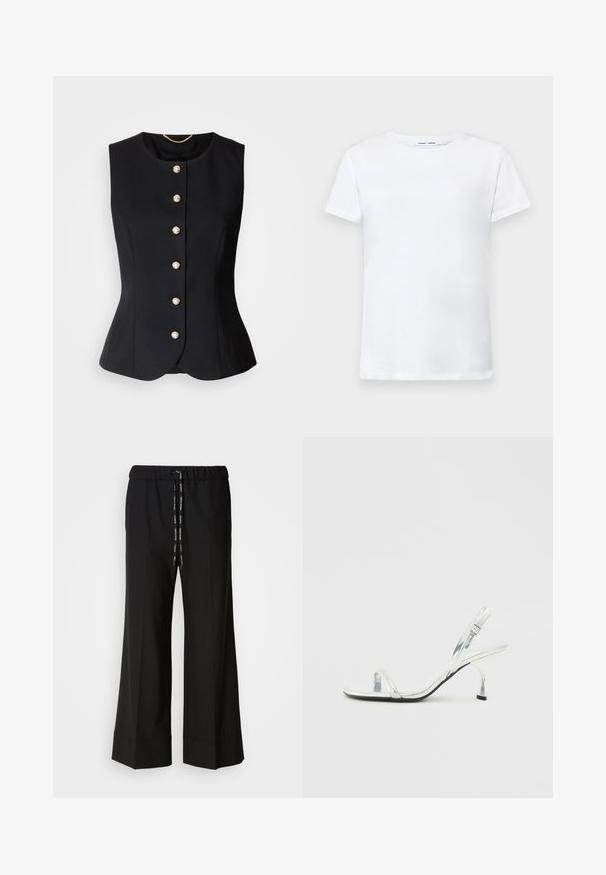 Zwarte mouwloze vest met een ronde halslijn, voorzien van zes ronde parelachtige knopen aan de voorkant en een getailleerd, passend ontwerp.; Witte korte mouwen t-shirt van katoen met een ronde hals. Soepele textuur en rechte snit, zonder patronen of accenten.; Zwarte, wijde broek met een elastische tailleband en zwarte koord. Gemaakt van een gladde stof zonder zichtbare patronen of hardware.; Zilveren gepatineerde leren slingback sandalen met hoge hak, een smalle teband, een verstelbare gesp en een slanke hak.