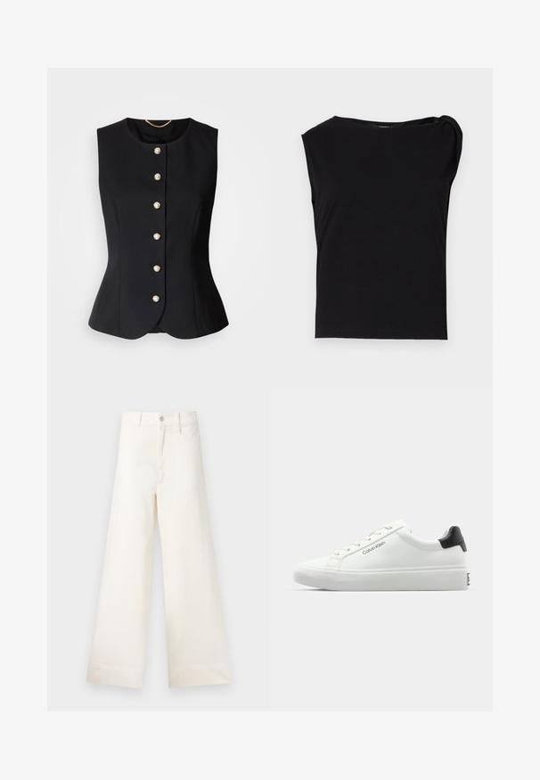 Black sleeveless vest with a round neckline, featuring six round pearl-like buttons down the front and a tailored, fitted design.; Black short-sleeve top made of smooth fabric. Features a round neckline and draped detail on the shoulder. Simple, fitted design.; Wide-leg trousers in light beige cotton. Features a high waist, front pockets, and a straight cut. Clean hem finishing without patterns.; White sneaker with a smooth finish, black heel accent, and lace-up design. Features "Calvin Klein" branding on the side. Minimalist style.