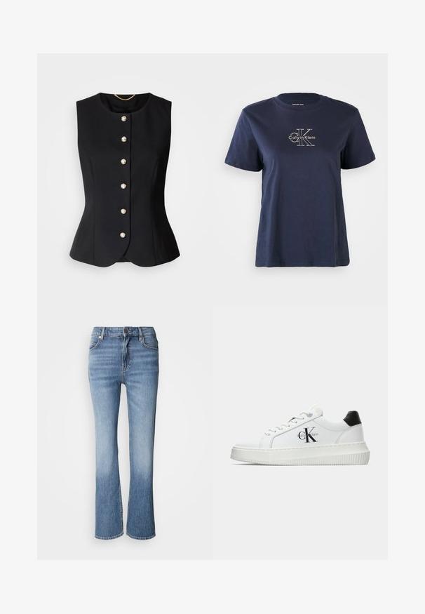 Zwarte mouwloze vest met een ronde halslijn, voorzien van zes ronde parelachtige knopen aan de voorkant en een getailleerd, passend ontwerp.; Navy blauwe katoenen T-shirt met korte mouwen, met een klein wit "Calvin Klein" logo op de middenvoor. Ronde hals, casual pasvorm.; Lichtblauwe denimspijkerbroek met een flared leg ontwerp, voorzien van een knoopsluiting, vijf zakken en subtiele vervaging langs de dijen.; Witte lage sneaker met zwarte hiel tab, plateauzool, veters en Calvin Klein "CK" logo aan de zijkant.
