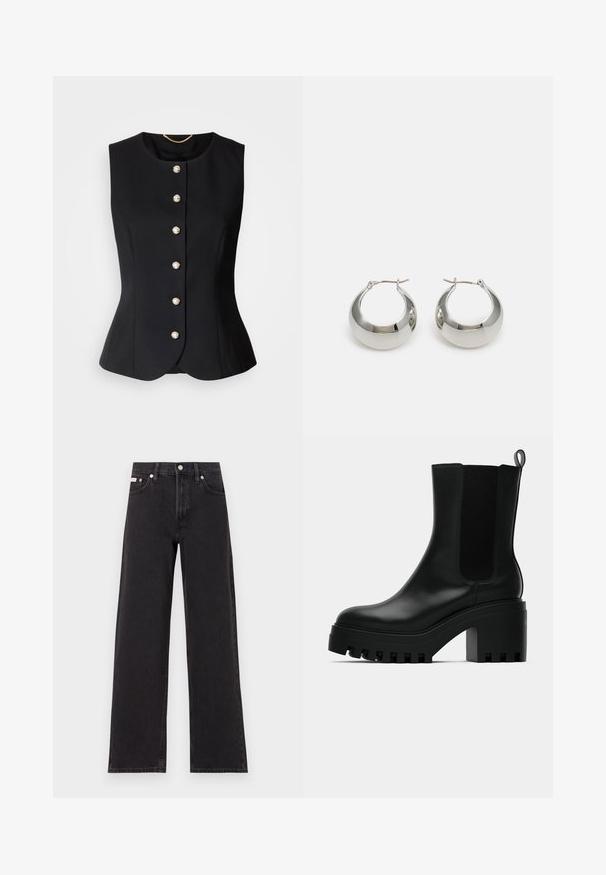 Black sleeveless vest with a round neckline, featuring six round pearl-like buttons down the front and a tailored, fitted design.; White short-sleeve t-shirt made of cotton. Features a round neckline and a smooth texture, with minimal stitching visible at the hem.; Black wide-leg jeans made of denim, featuring a high-rise waist, five-pocket styling, and a metal button closure with contrasting stitching.; Black leather ankle boot with round toe, chunky platform sole, and mesh side accents. Features a pull tab for easy wear.; Silver metal hoop earrings with a smooth, shiny surface and a structured, rounded design. Features a hinged clasp for secure wear.