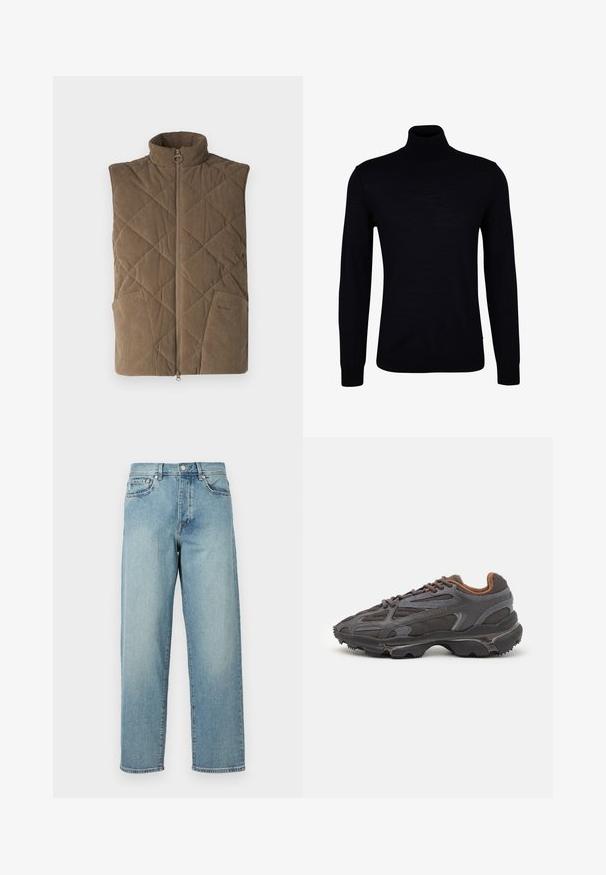 Braune Cordweste mit einem gesteppeten Muster, hohem Kragen, Reißverschluss vorne und zwei seitlichen Taschen. Schlichtes und funktionales Design.; Schwarzer Rollkragenpullover aus einem glatten Strickstoff. Verfügt über lange Ärmel, einen eng anliegenden Kragen und gerippte Bündchen sowie Saum für eine optimale Passform.; Hellblaue Denim-Jeans mit lockerer Passform, geraden Beinen, fünf Taschen im Design und einem Knopfverschluss an der Taille. Minimalistische Nähdetails.; Lacoste Sneaker in Dunkelgrau aus Mesh und Synthetikmaterial, mit einer strukturierten Sohle und braunen Akzenten am Kragen und Logo.